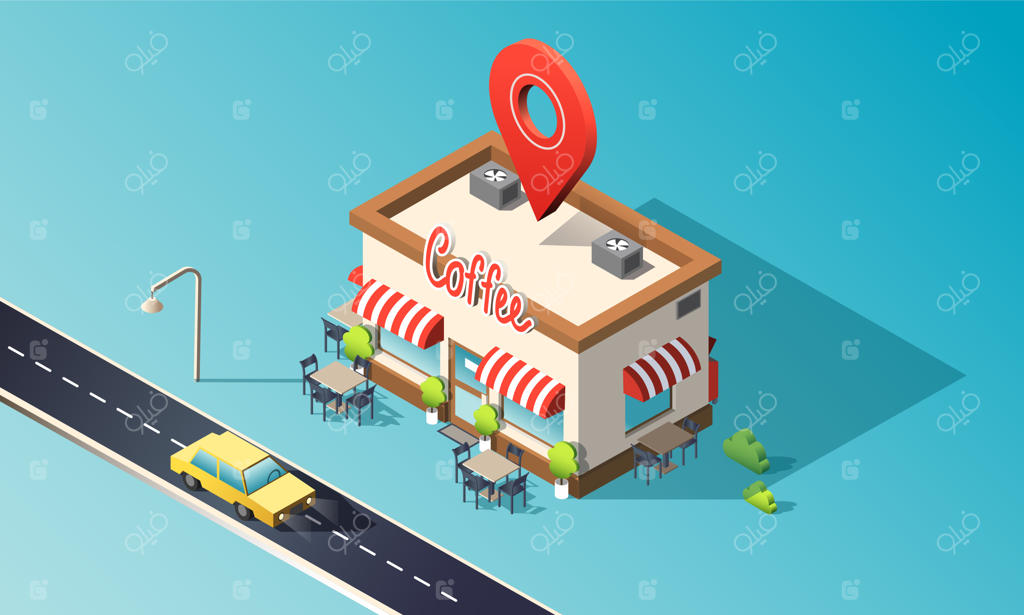 کافی‌شاپ ایزومتریک با تاکسی‌ها و سنجاق موقعیت در کنار جاده