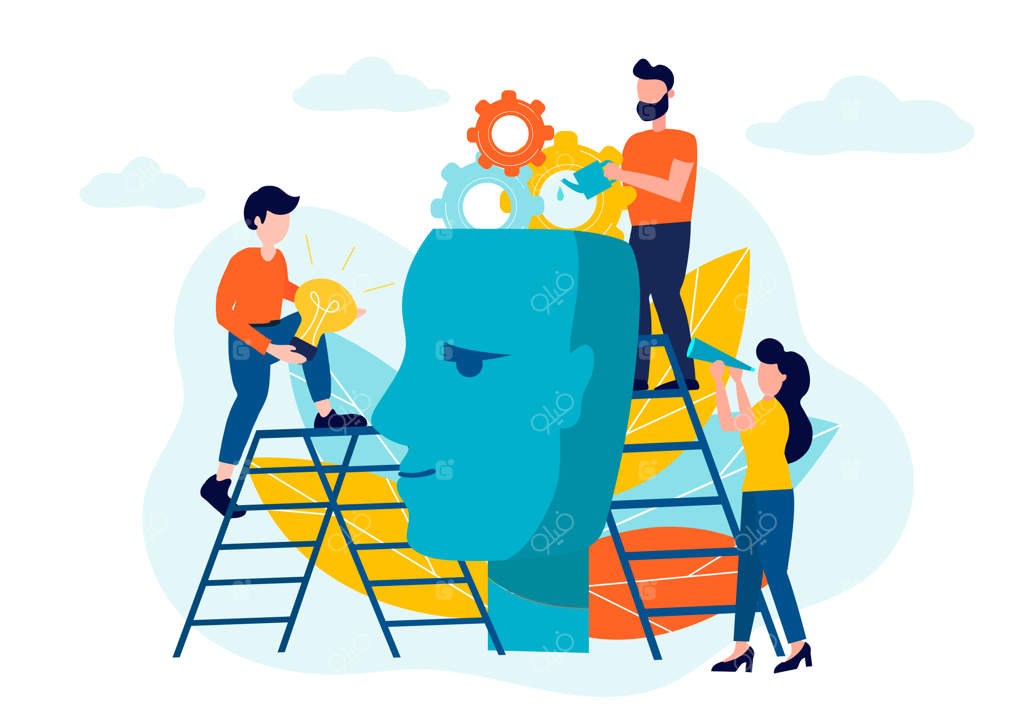 شرکت در جستجوی مشترک ایده‌ها است. نمادی از خلاقیت و نوآوری‌های ذهنی و فکری. تصویرسازی برداری.