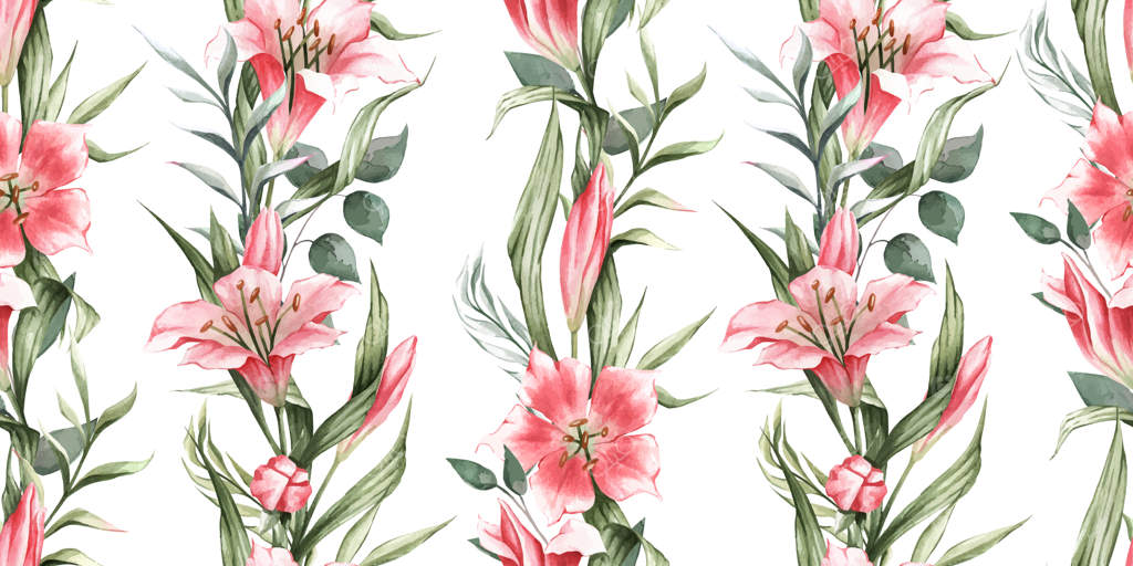 طرح یکپارچه برگ‌های سبز و نیلوفرهای صورتی؛ مناسب برای کاغذ دیواری، پارچه، و لباس‌ها.