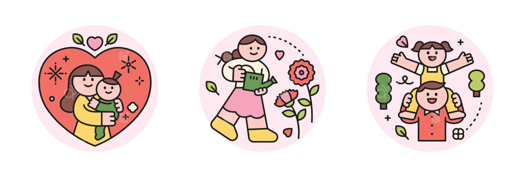 ماه خانواده: افرادی که قدردان والدین خود هستند و فرزندانشان را دوست دارند. مادری که نوزادش را در قاب قلبی در آغوش دارد. دختری که مشغول آبیاری گل‌های میخک خود است. کودکی که بر دوش پدرش سواری می‌کند.