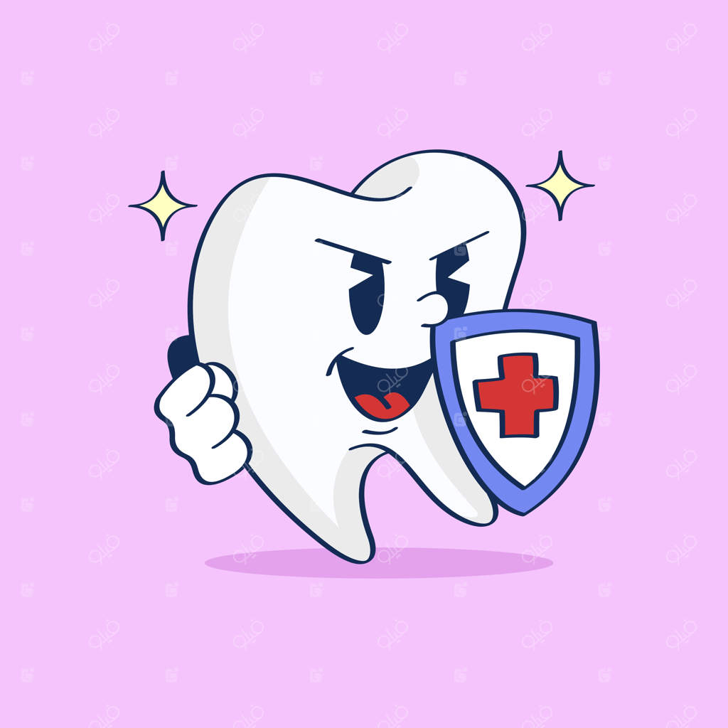 تصویرسازی دستی یک دندان کارتونی با سپر و صلیب قرمز