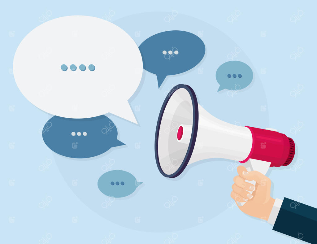 دست یک بلندگو را نگه داشته است. مگافون با حباب گفتار