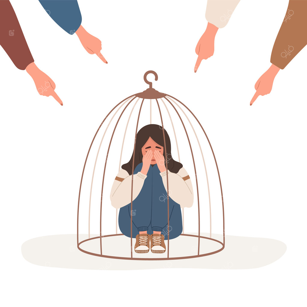دختر محبوس در قفس. اشاره انگشتان به سمت زن مسلمان غمگین.