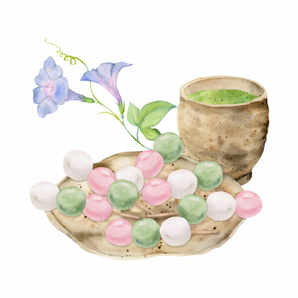 نقاشی آبرنگی و دستی شیرینی‌های سنتی ژاپنی، دانگوی تابستانی، گل نیلوفر پیچ و چای ماچا در زمینه سفید؛ مناسب برای طراحی کارت دعوت، منوی رستوران و چاپ روی پارچه