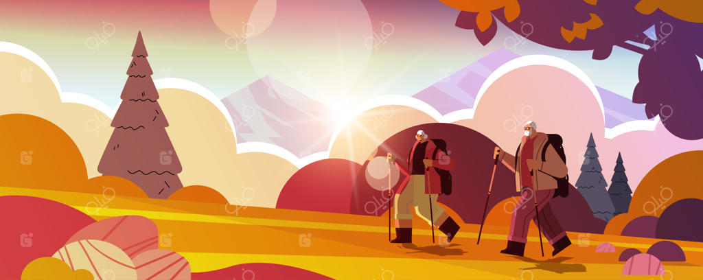 زوج مسن در حال کوهنوردی با کوله‌پشتی: مفهومی از فعالیت‌های بدنی در دوران پیری فعال