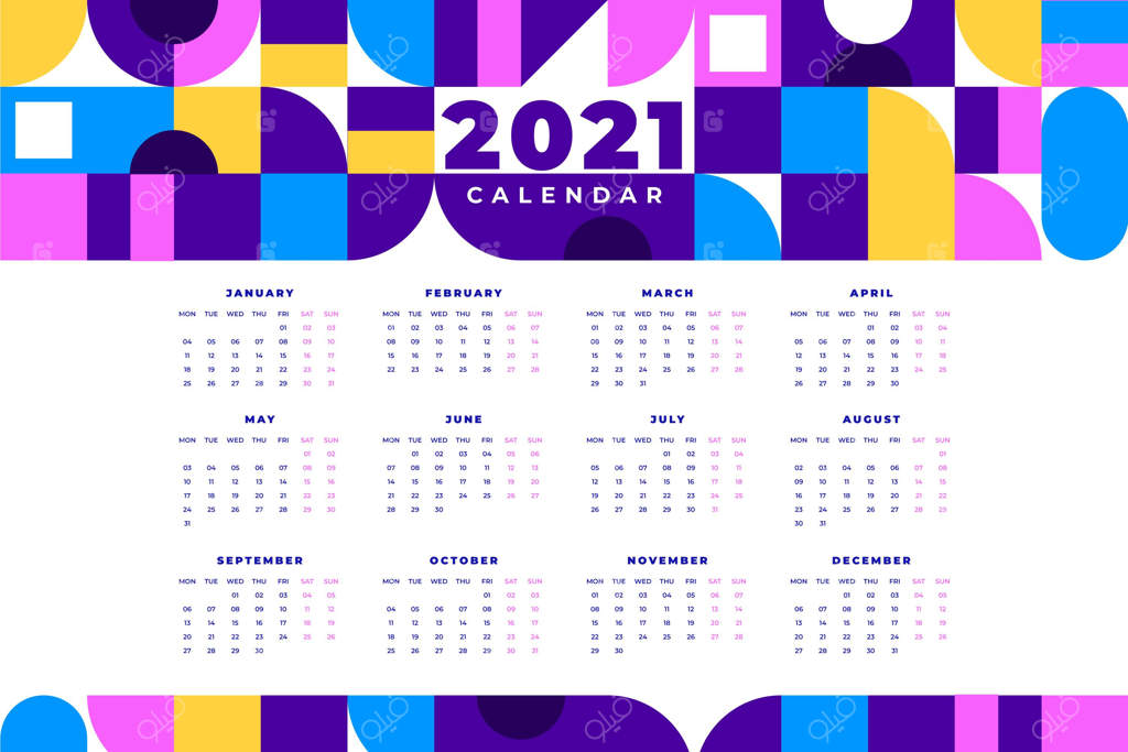 تقویم رنگارنگ و مسطح سال نو ۲۰۲۱