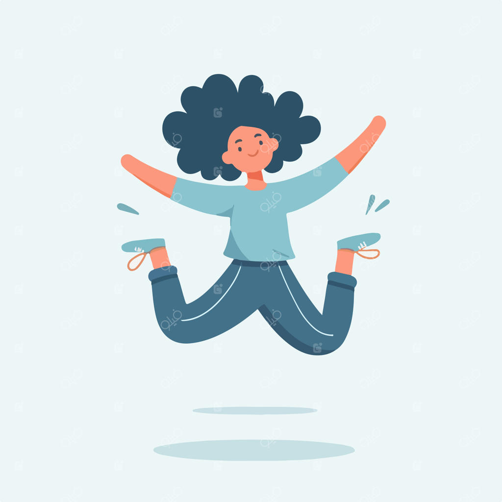 وکتور نوجوان مو فرفری در حال پرش با خوشحالی و سبک طراحی تخت، ساده و مینیمال