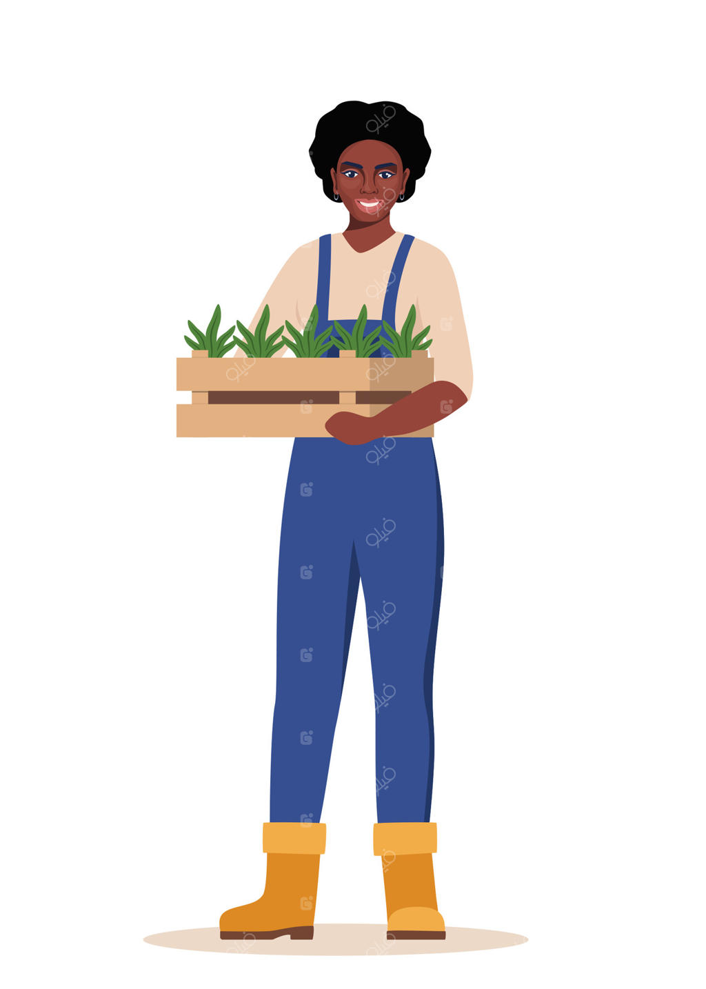 کشاورز زن سیاهپوست در حال حمل جعبه‌ای از نهال‌ها. کار کشاورزی و باغبانی. کارگر مزرعه، باغبان، کارشناس کشاورزی. تصویرسازی.
