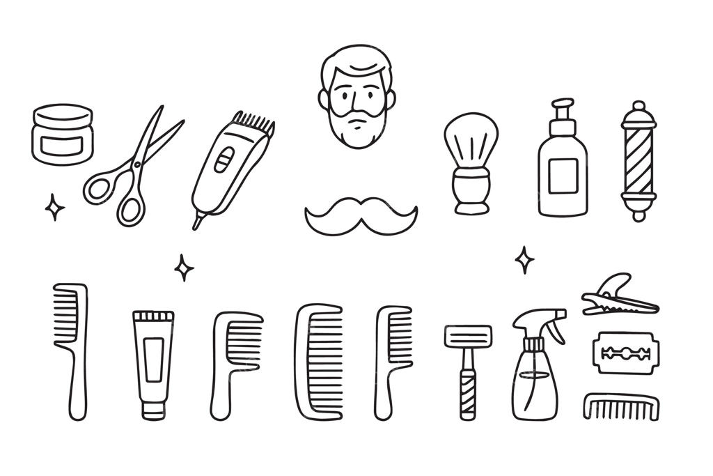 تصویری از ابزار و لوازم آرایشگری شامل قیچی، ماشین اصلاح و شانه‌ها. به سبک دودل. ایده‌آل برای مفاهیم طراحی و آرایش.