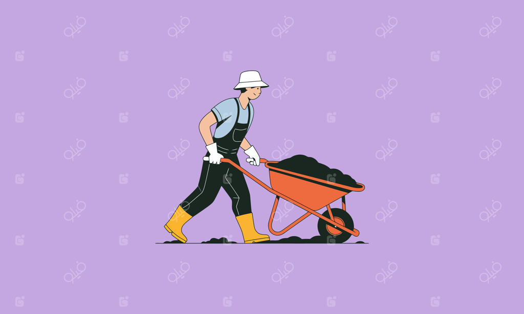 باغبانی که فرغون پر از خاک را هل می‌دهد و کار می‌کند.