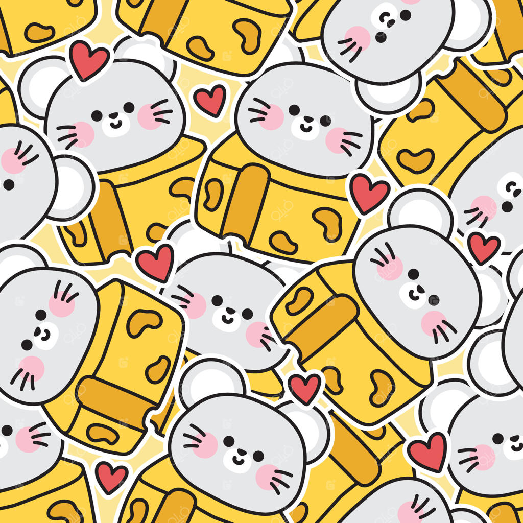 پترن یکپارچه از سر موسه‌ی بامزه روی پنیر با پس‌زمینه استیکر قلبی. کاراکتر کارتونی موش. تصویر برای کارت، استیکر و لباس بچگانه. طرح بامزه و جذاب. تصویرسازی.