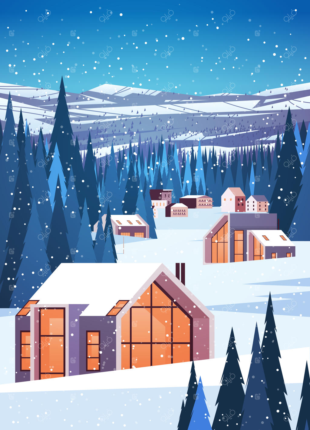 ساختمان‌های پوشیده از برف در فصل زمستان ناحیه مسکونی پیست اسکی مفهوم جشن سال نو و کریسمس