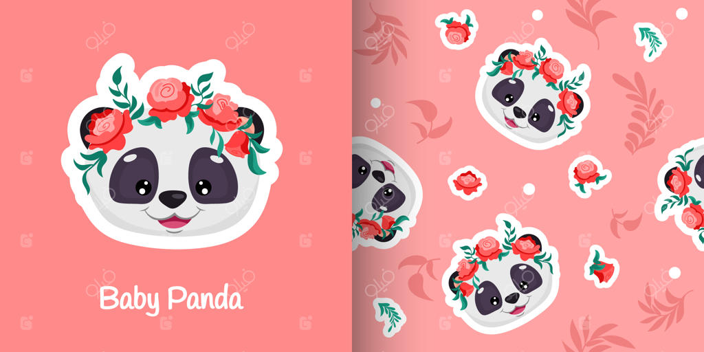 الگوی یکپارچه پانداهای بامزه با تاج گل‌های رز در پس‌زمینه دستی کشیده شده