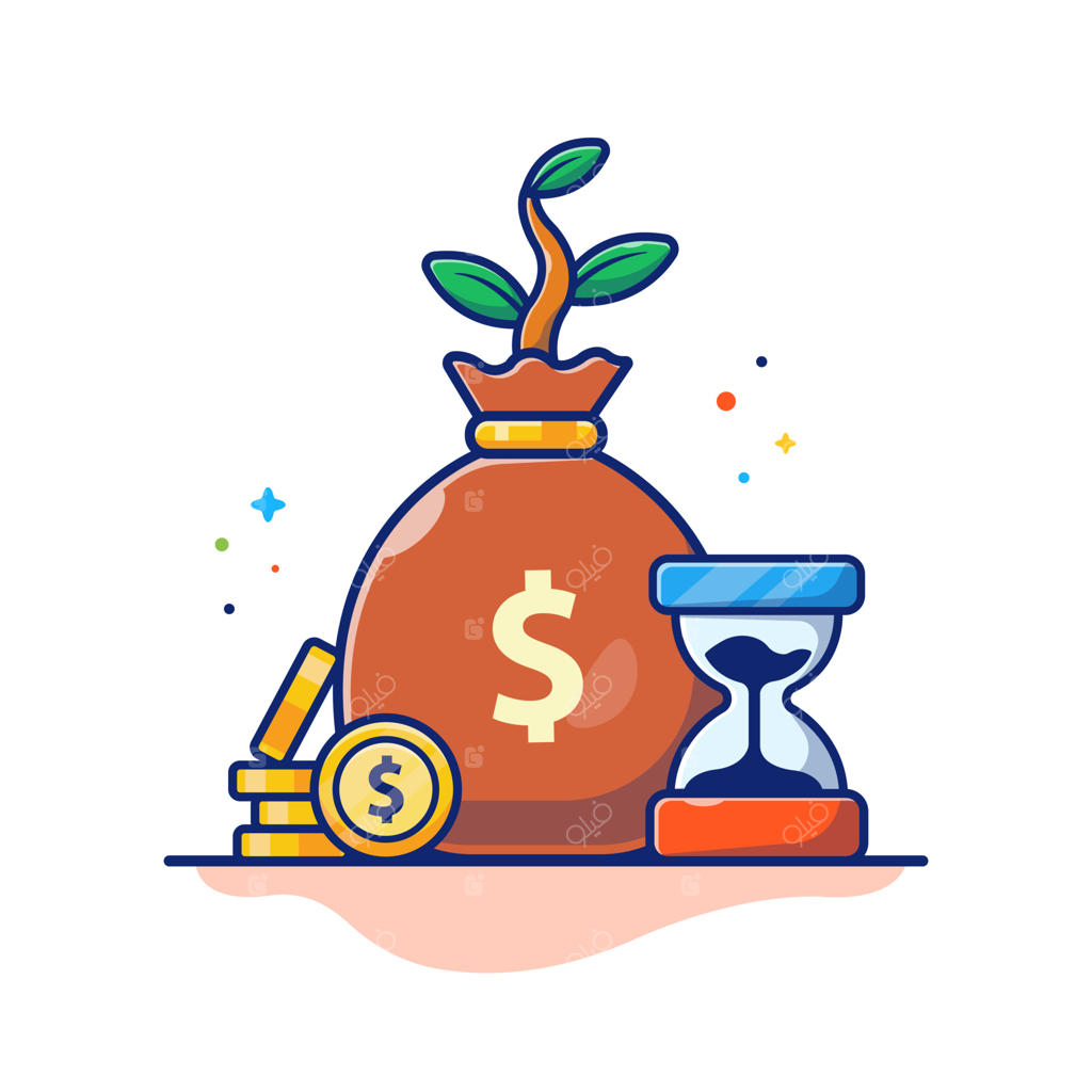 وکتور کارتونی ساعت شنی به همراه گیاه پول و سکه طلا؛ آیکون مفهومی کسب‌وکار و امور مالی، وکتور پرمیوم ایزوله با طراحی فلت