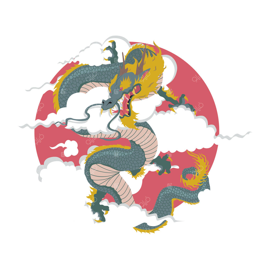 اژدهای ژاپنی: تصویر رنگی وکتور کارتونی بر روی خورشید سرخ با ابرها.