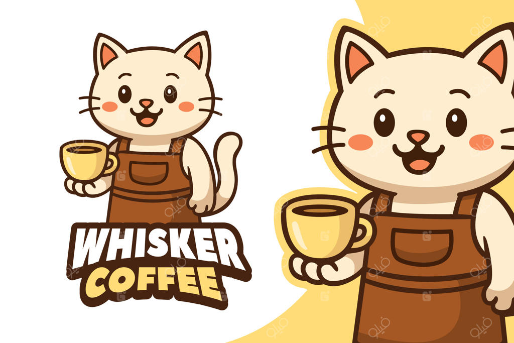 لوگوی زیبا: گربه با فنجان قهوه برای کافی‌شاپ و کافه. طراحی شخصیت کارتونی
