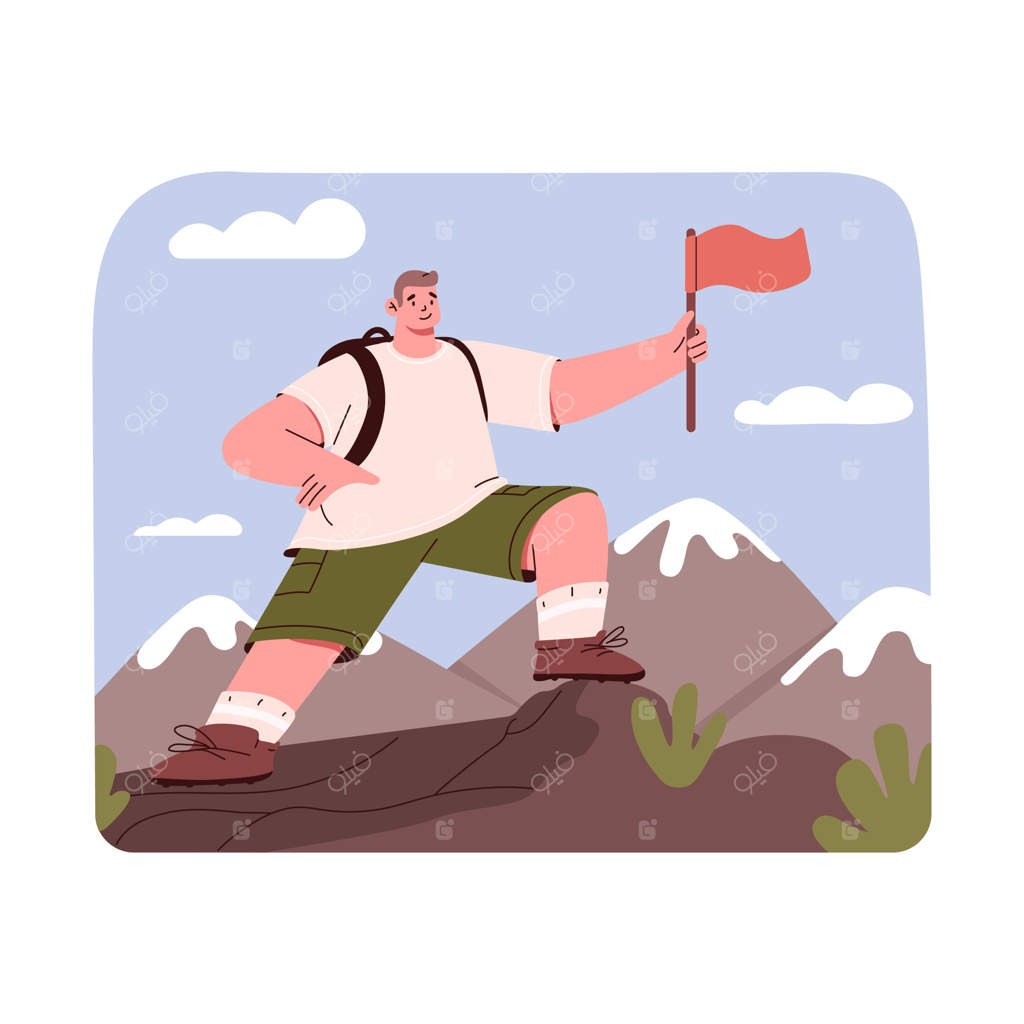 فردی ایستاده بر قله کوه با پرچم - مفهوم رهبری، موفقیت و دستیابی به اهداف - رهبر موفق با هدف دست‌یافته - تصویر مسطح از کوهنورد خوشحال در اوج قله