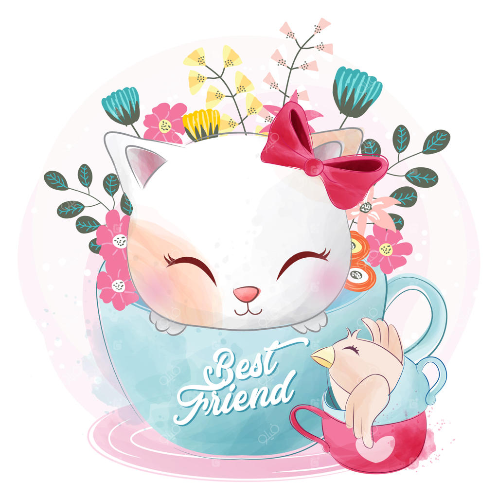 بچه گربه کوچولو و بامزه نشسته داخل فنجان چای بهترین دوست