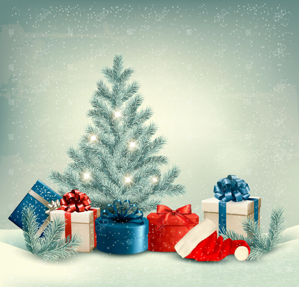 پس‌زمینه زمستانی درخت کریسمس با هدایا و کلاه بابانوئل.