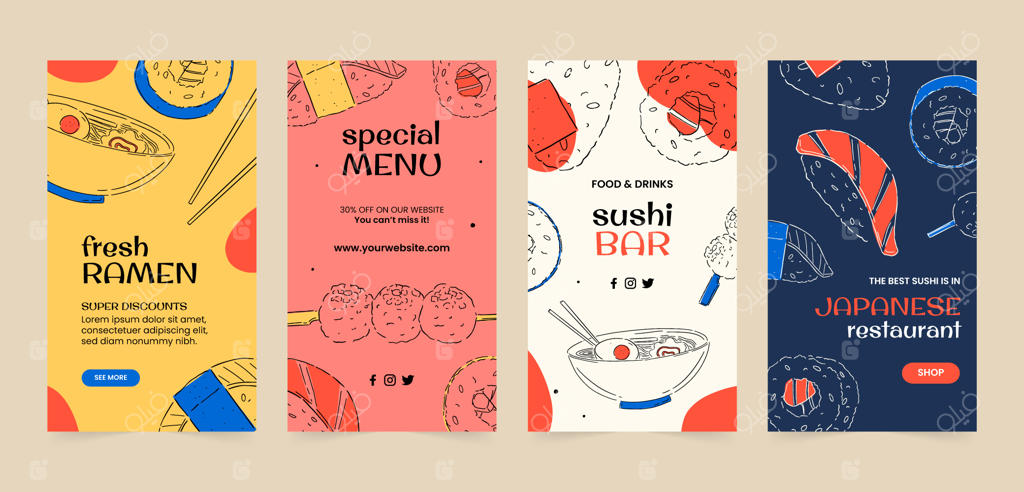 داستان‌های اینستاگرام رستوران ژاپنی با طراحی دستی