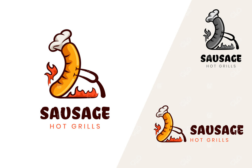 طراحی لوگوی خلاقانه سوسیس کبابی با مفهوم سرآشپز و آتش