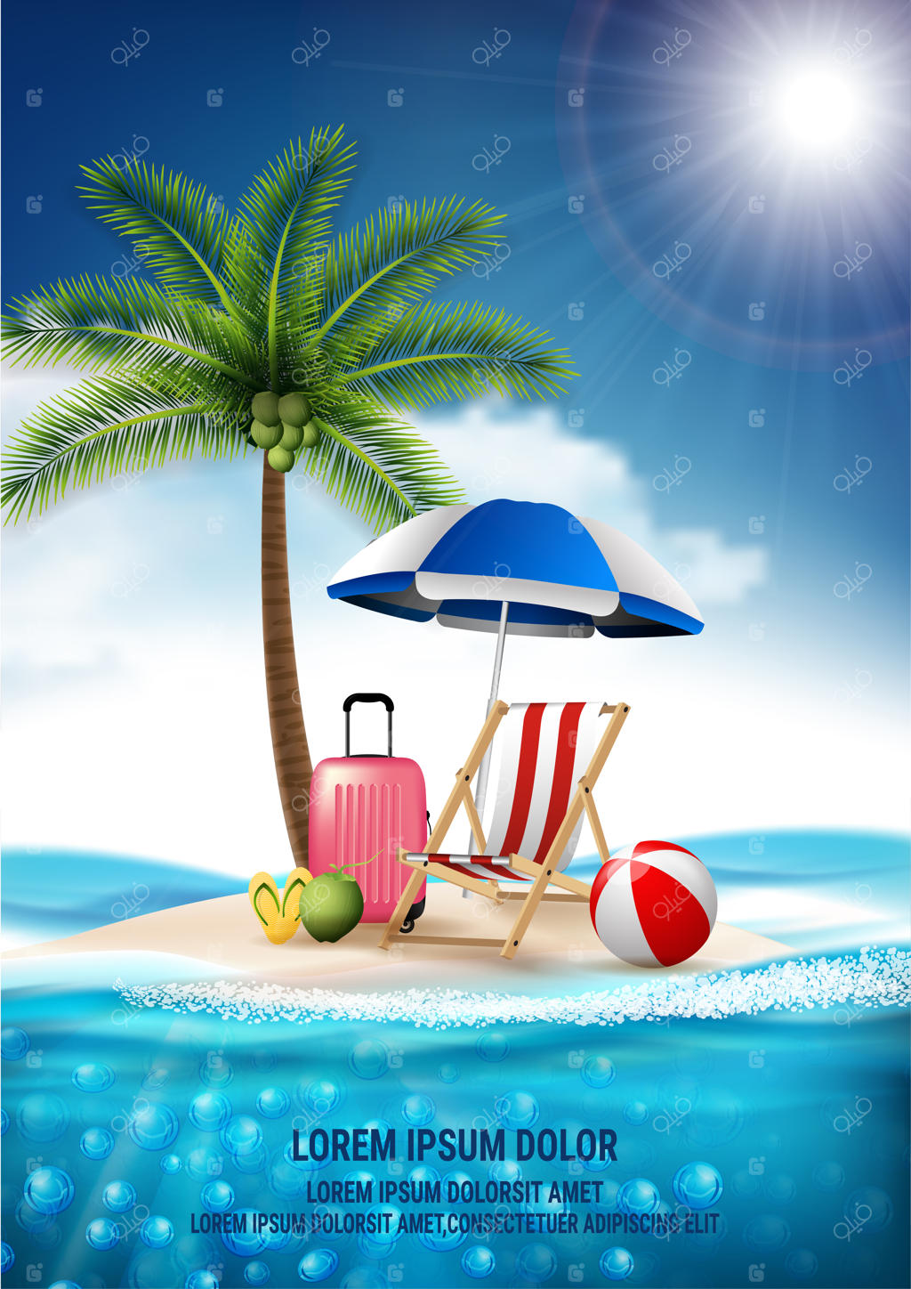 طراحی واقع‌گرایانه سفر و تعطیلات تابستانی در ساحل. جزیره در میان دریا، ساحل، چتر، نارگیل، ابرها، توپ، چمدان و صندلی ساحلی قرار دارد.