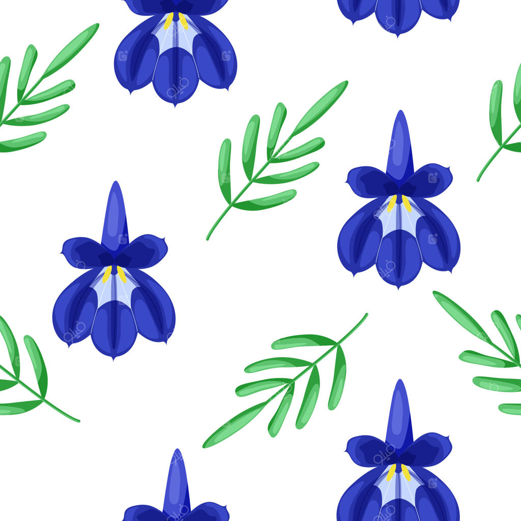 طرح یکپارچه گل‌ها: گل‌های آبی لوبلیا و برگ‌های سبز روی پس‌زمینه سفید. پترن گیاهی.