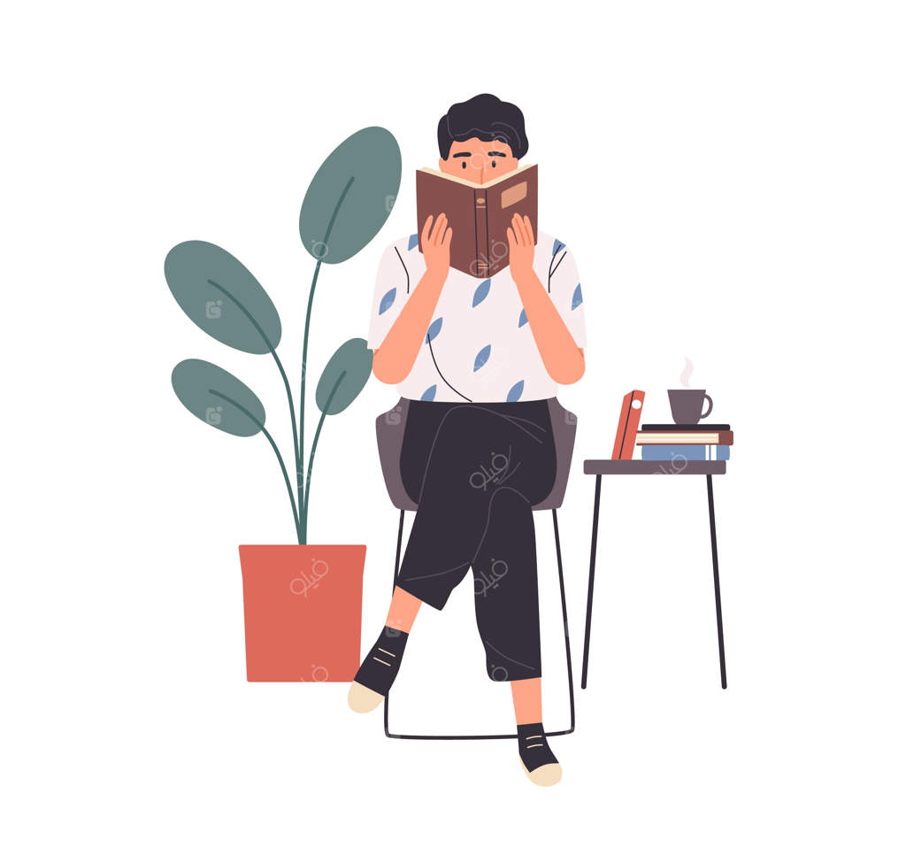 مرد جوان مدرن در حال خواندن کتاب روی صندلی. خواننده باهوش در حال لذت بردن از ادبیات یا مطالعه و آماده شدن برای امتحان با دسته‌ای از کتاب‌های درسی و یک فنجان قهوه. تصویرسازی مسطح و رنگارنگ.