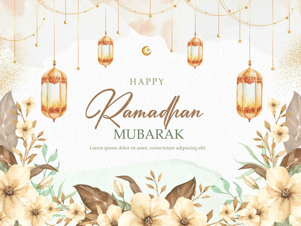 قالب پس‌زمینه کارت تبریک رمضان مبارک با طرح گل‌های آبرنگی