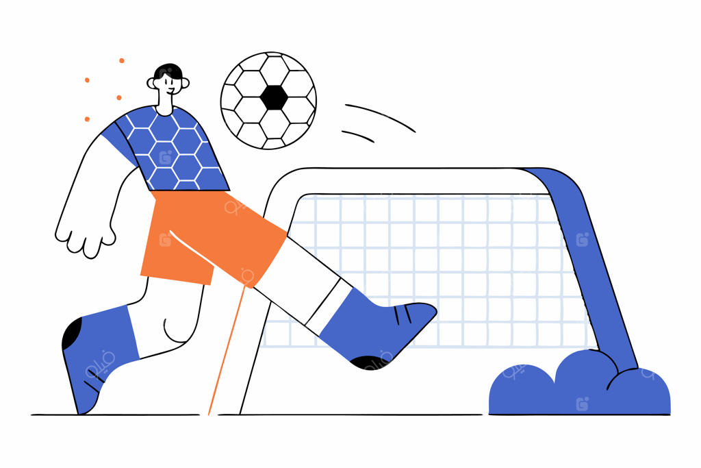 تصویرسازی فوتبالیست جوان در حال شوت کردن توپ با پس‌زمینه سفید