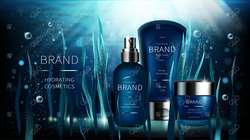 پوستر تبلیغاتی واقع‌گرایانه محصولات آرایشی طبیعی جلبک؛ تصویر بطری اسپری، ظرف کرم و جلبک دریایی در پس‌زمینه آبی زیر آب با حباب و پرتوهای نور، موکاپ مجله یا کاتالوگ لوازم آرایشی ارگانیک