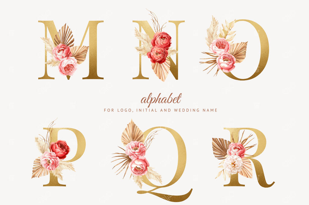 حروف الفبای بوهوی گل‌دار آبرنگی با حروف طلایی