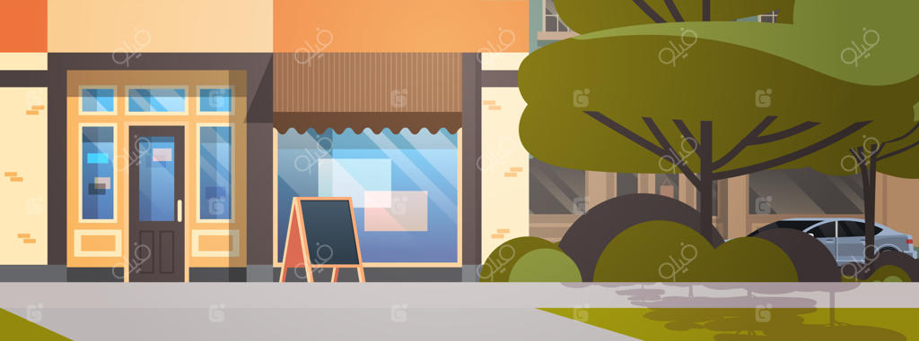 خیابان مدرن شهر خالی، بدون مردم و ساختمان کافه شهری