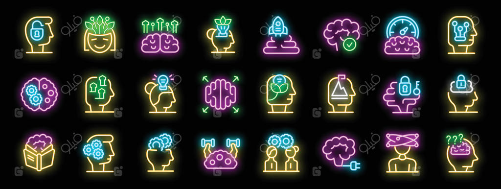 آیکون‌های نئونی با موضوع ذهنیت، تمرین مغز و فرآیندهای ذهنی