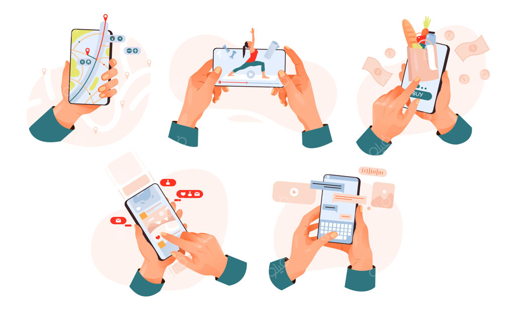 دست‌هایی با گوشی‌های موبایل در حال گپ زدن در شبکه‌های اجتماعی و تماشای ویدئوها و نقشه آنلاین