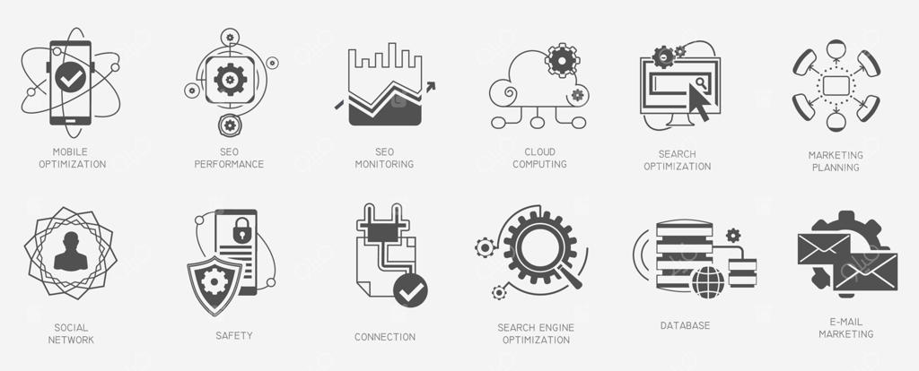 آیکون‌های بازاریابی اینترنتی سئو - تصویر برداری وکتور