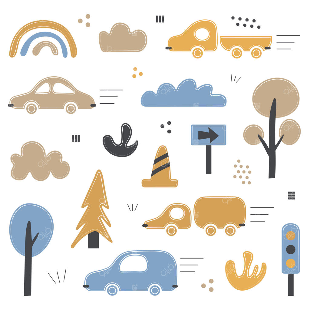 مجموعه عناصر منظره مدرن برای تزیین نقشه، اتاق کودک و پوسترهای هنری در پس‌زمینه سفید