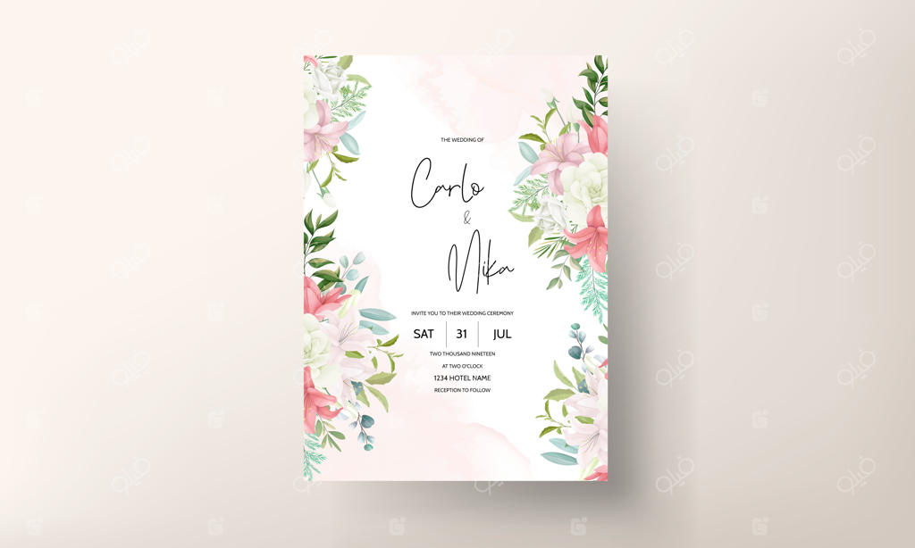 کارت دعوت عروسی شیک با طرح دستی گل‌ها و برگ‌های نرم