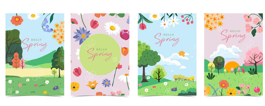 پس‌زمینه منظره بهاری با درخت و باغ