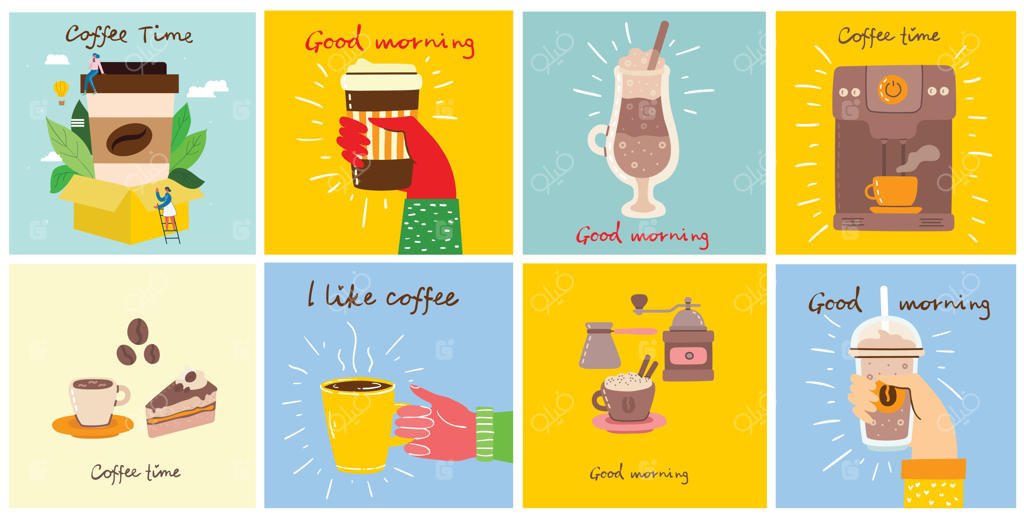 مجموعه‌ای از کارت‌ها با تصویر دست‌هایی که یک فنجان قهوه داغ یا نوشیدنی را نگه داشته‌اند، با متن دست‌نویس و طراحی ساده و رنگارنگ.