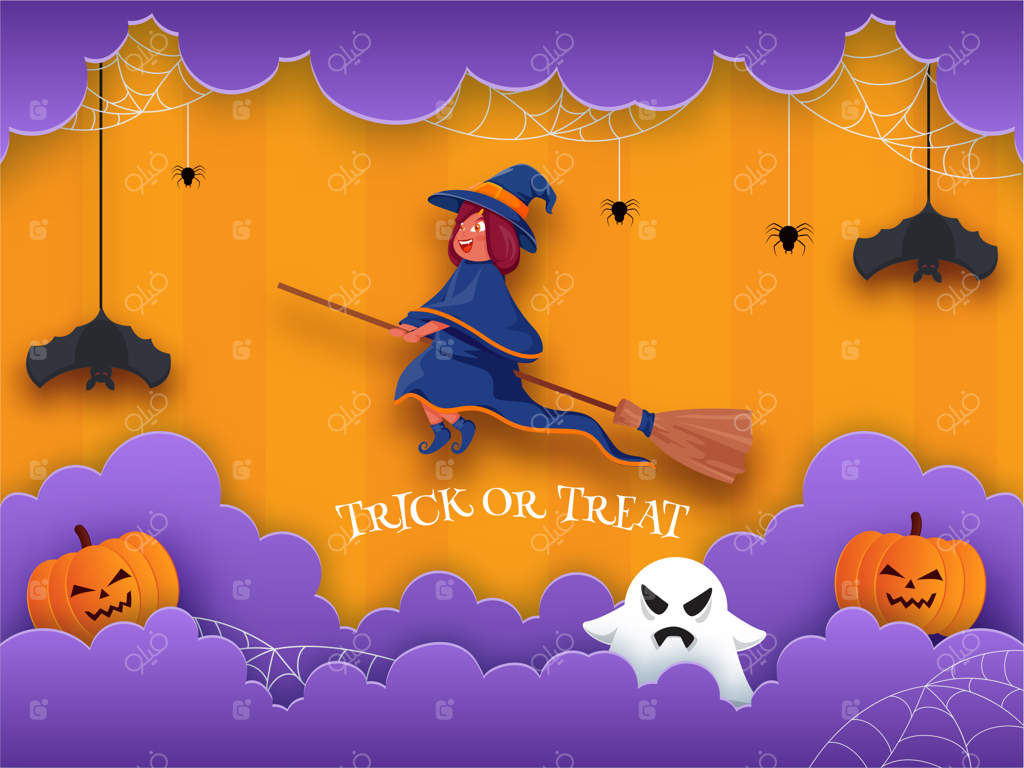 جادوگر کارتونی در پرواز با جارویش، کدوهای ترسناک، شبح‌ها، خفاش‌های آویز، تار عنکبوت و ابرهای بنفش بریده شده روی پس‌زمینه نارنجی برای جشن هالووین.
