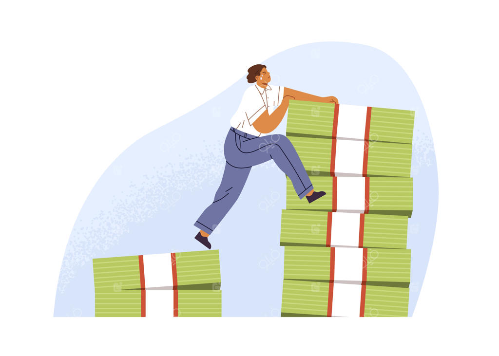 مفهوم رشد درآمد و افزایش حقوق. دستیابی کارمند به آرزوهای مالی و ثروت از طریق سخت‌کوشی. مردی که به هدف مالی خود می‌رسد و ثروتمند می‌شود. تصویر برداری تخت مجزا بر روی زمینه سفید