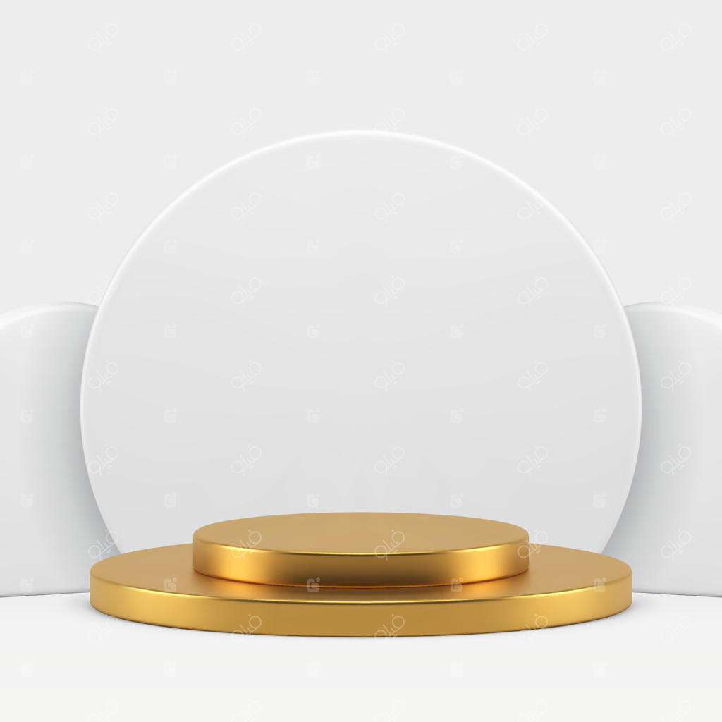 استوانه طلایی و سکوی سه‌بعدی با پس‌زمینه دیوار سفید برای نمایش واقع‌گرایانه