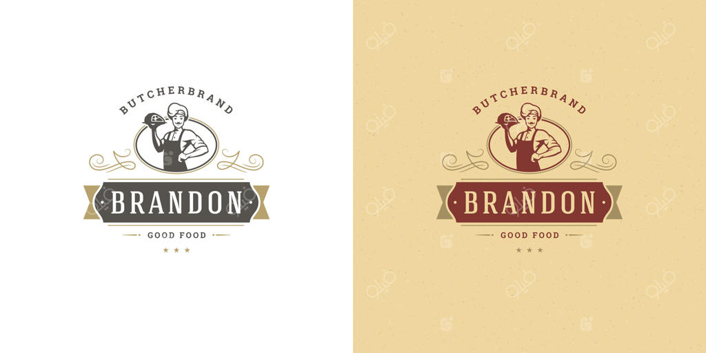 لوگوی فروشگاه قصابی: تصویر سرآشپز با ظرف گوشت، مناسب برای نشان کشاورز یا رستوران