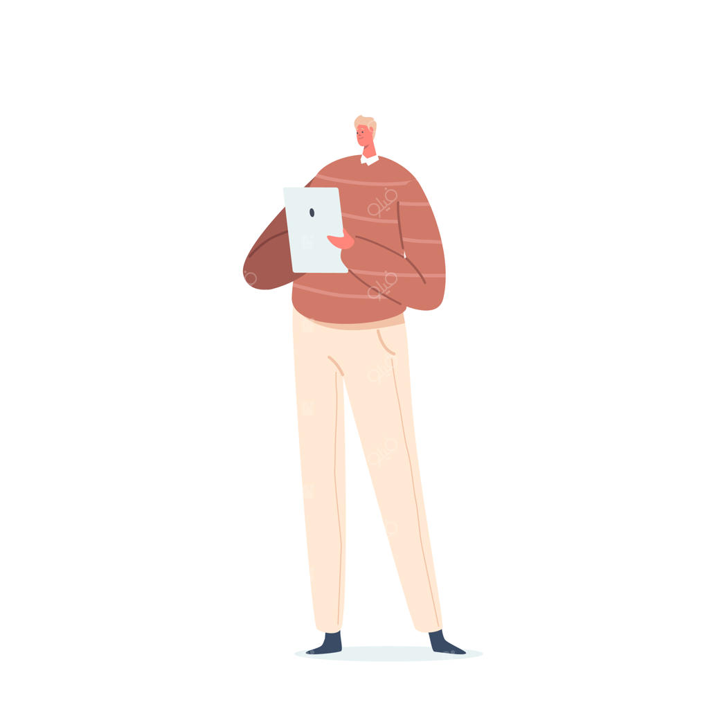 مردی با تبلت، در پس‌زمینه سفید - شخصیتی با لباس‌های غیررسمی که آنلاین با استفاده از فناوری‌های هوشمند ارتباط برقرار می‌کند