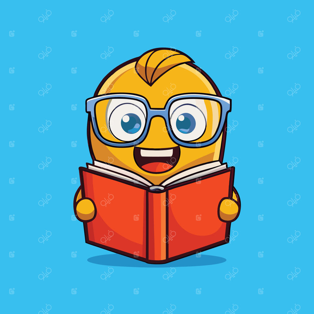 هیولای کارتونی بامزه با عینک در حال خواندن کتاب - شخصیتی باهوش و درس‌خوان برای آموزش و مفاهیم مدرسه‌ای