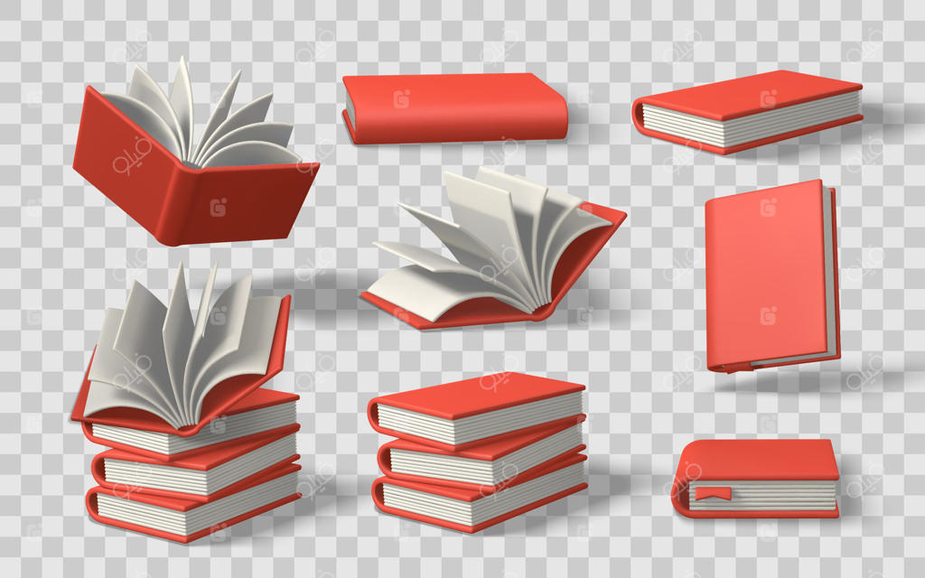 مجموعه‌ای از کتاب‌های قرمز در موقعیت‌های مختلف با صفحات باز و بسته. مناسب برای مفاهیم آموزشی، کتابخانه و مطالعه. تصویرسازی