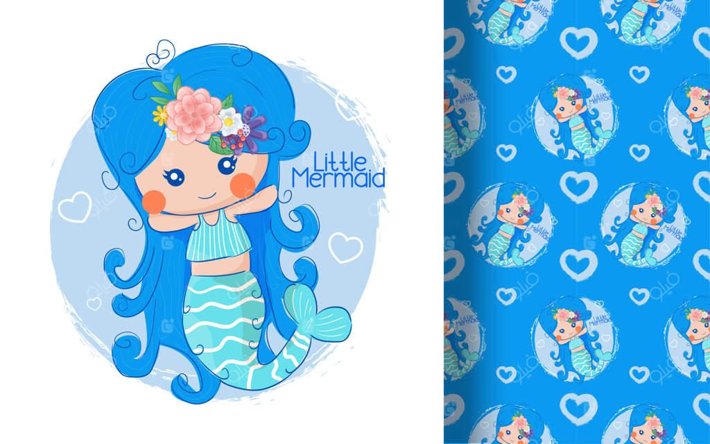 پترن یکپارچه پری دریایی کوچک و بامزه. تصویرسازی برای کودکان