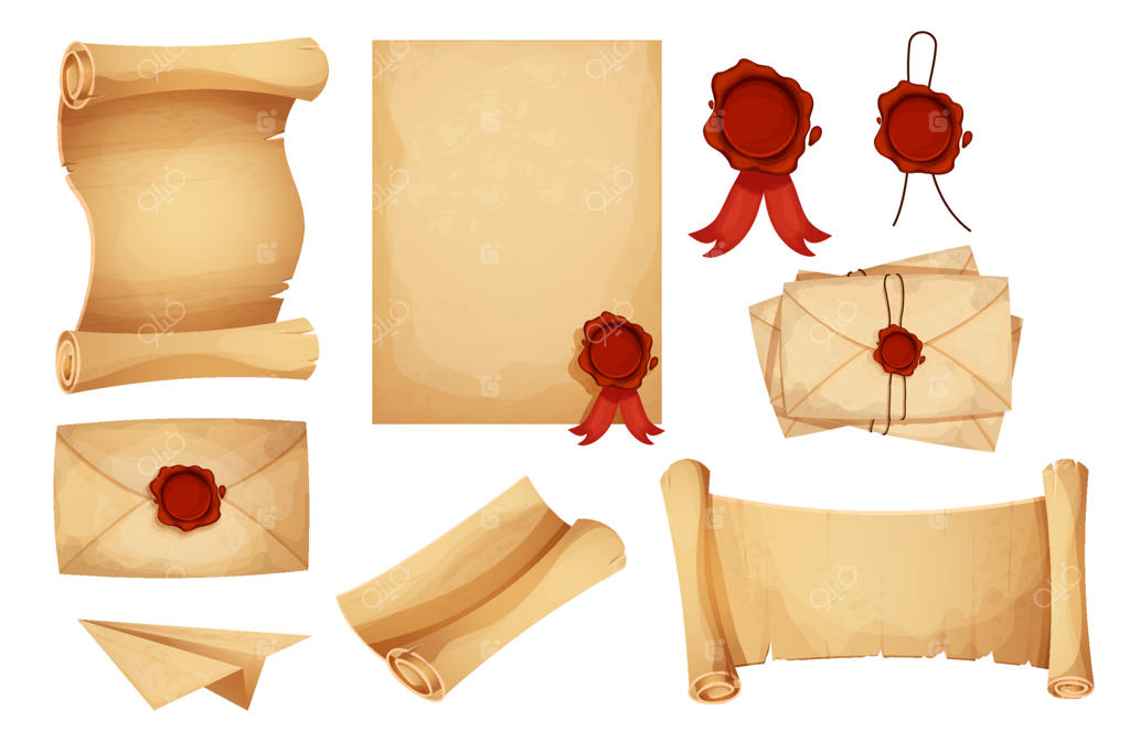 مجموعه پاکت‌های جادویی قدیمی، نامه‌ها، کاغذ پوستی، طومار با مهر موم قرمز به سبک کارتونی بر روی پس‌زمینه سفید. کاغذ کهنه و قدیمی، بافت‌دار. نامه‌نگاری و پست باستانی.
