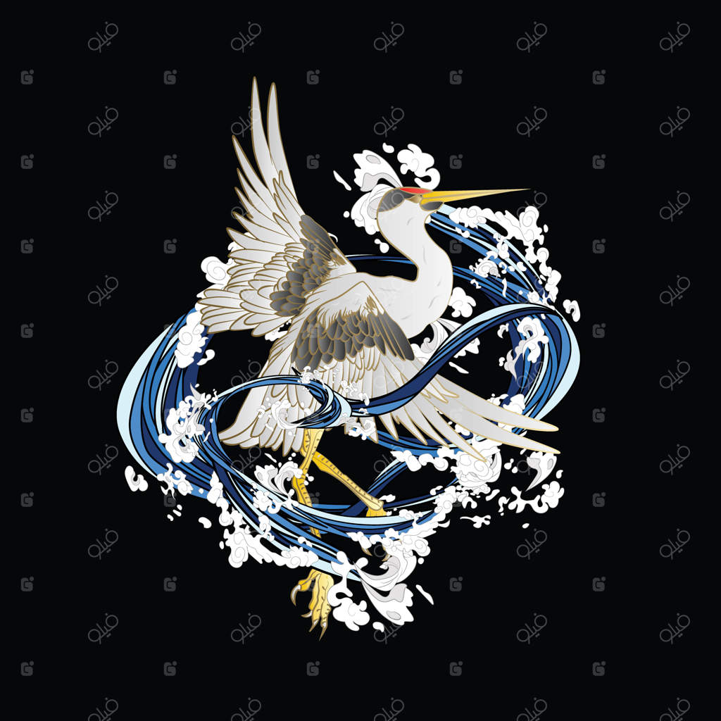 طراحی تصویر جرثقیل برای سوکاژان به معنای لباس یا تی‌شرت و لوگوی سنتی ژاپنی است.